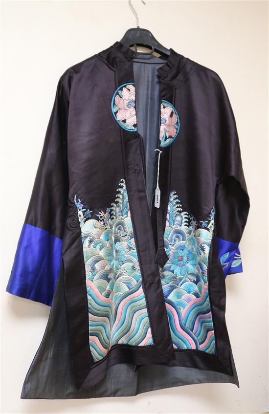 A 1920-30s black silk multi-coloured embroidered robe